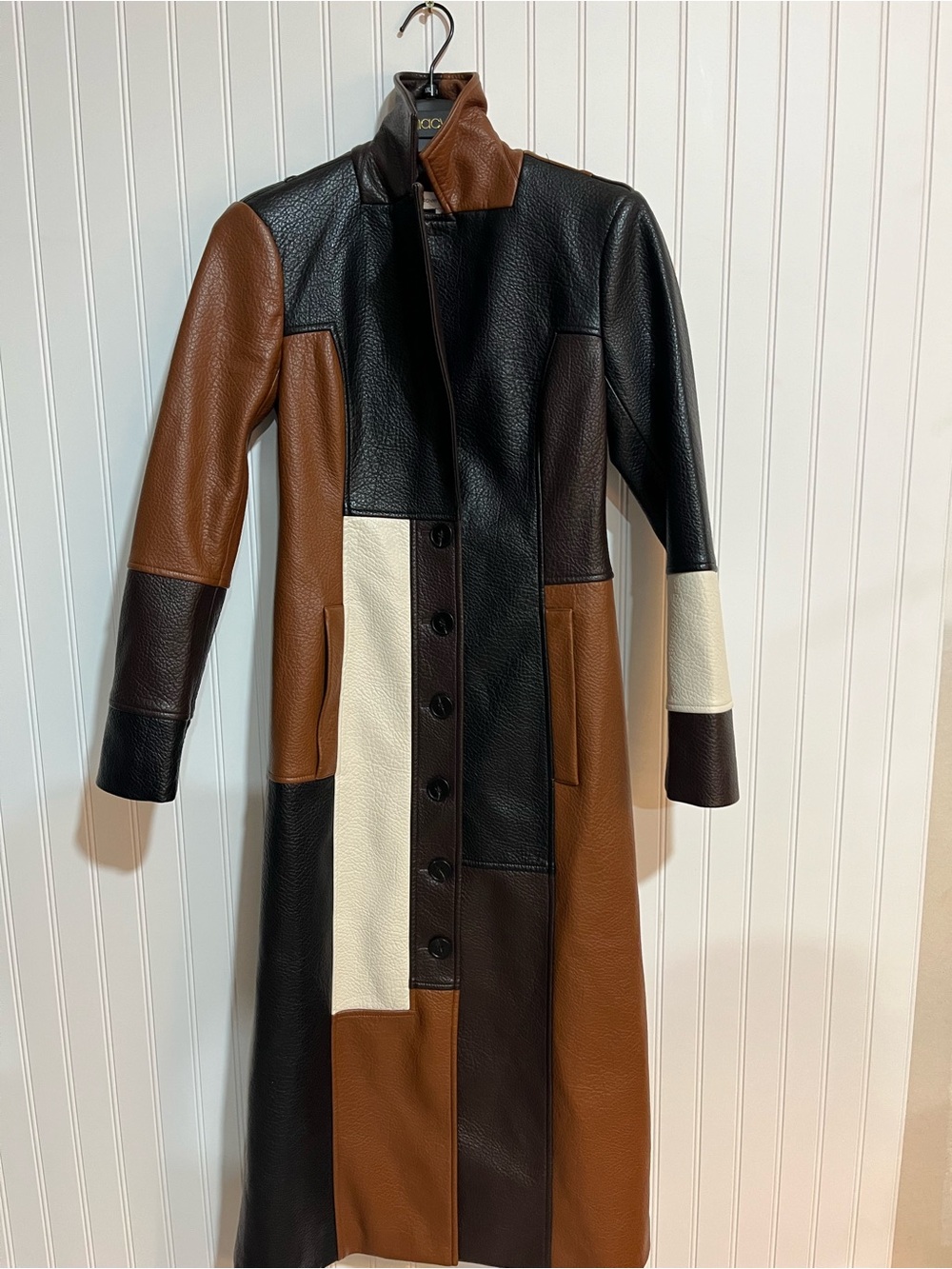 Colorblock Faux-Leather Long Coat in Brown, Dark Brown & Cream - Picture 6 of 9